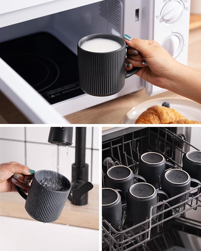 famiware Coffee Mug Set for 8, Star 12 oz Catering Mugs Cup Set with Handle for Coffee, Tea, Cocoa, Milk - Ceramic Stoneware Drinkware Set, Matte Dark Charcoal - Image 7