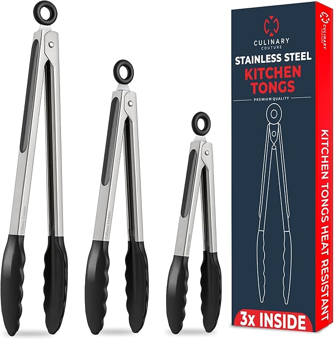 Kitchen Tongs - 12, 9 & 7 Inch Locking Silicone Tongs for Cooking, Set of 3 | Black Tongs with Silicone Tips, Heat Resistant Tongs for Grilling, Serving, Mixing by CulinaryCouture