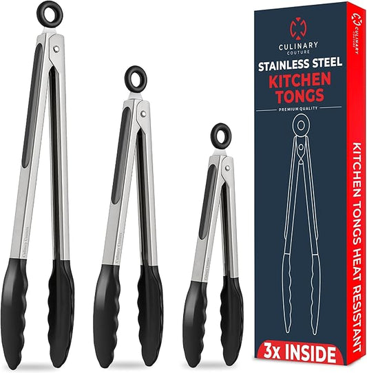 Kitchen Tongs - 12, 9 & 7 Inch Locking Silicone Tongs for Cooking, Set of 3 | Black Tongs with Silicone Tips, Heat Resistant Tongs for Grilling, Serving, Mixing by CulinaryCouture