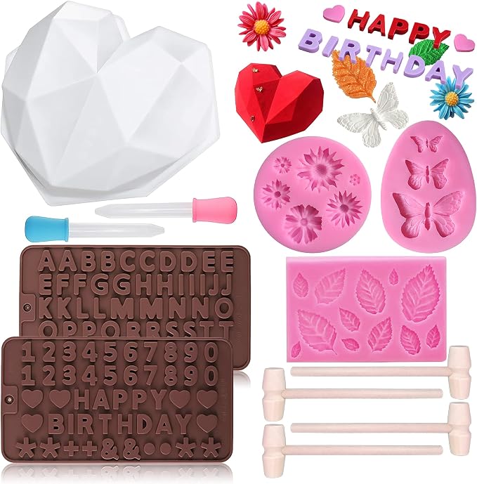Chocolate Heart Molds Set | Breakable Heart Mold with Hammers, Letter and Number, Leaf Daisy Flower Butterfly Mold for DIY Cake Mousse Dessert by Twavang