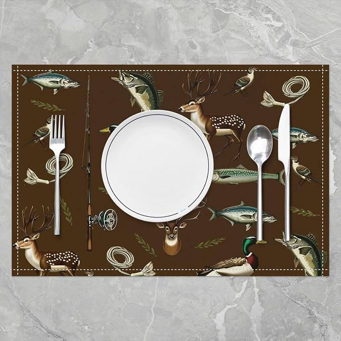 Feelyou Hunting and Fishing Placemats Set of 4 12x18 Inch Big Bass Pike Fish Table Mats for Party Kitchen Dining Decoration Holiday Seasonal Deer Hunting Place Mat for Dinner Table Indoor Outdoor - Image 2