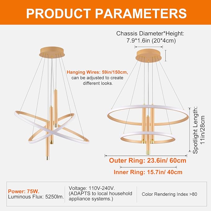 ORANOOR LED Gold Modern Chandeliers, Dimmable 24inch Kitchen Pendant Lights | LED Gold Dining Room Light Fixtures Ceiling Hanging Over Table, 2 Ring Round Chandelier for Dining Room Bedroom Living Room - Image 4