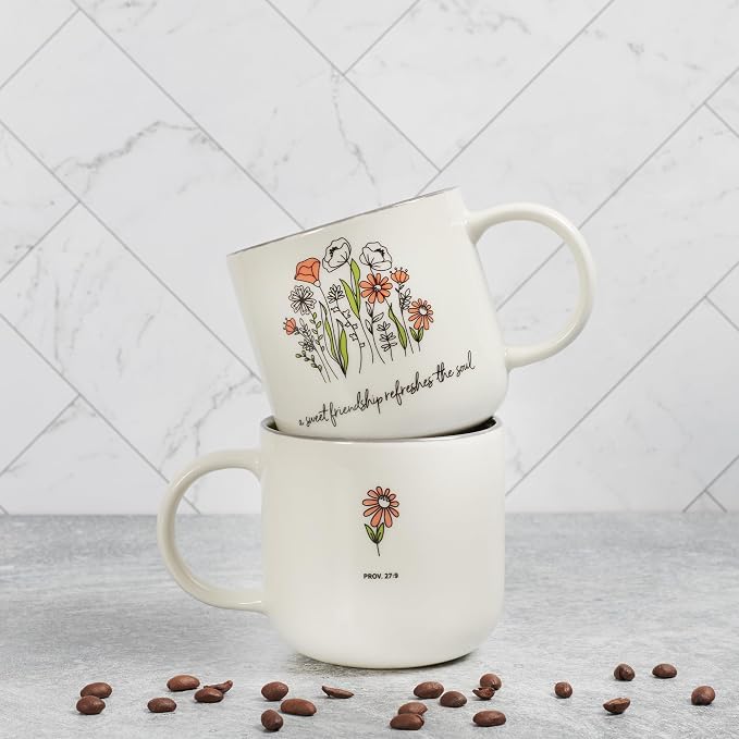 Christian Art Gifts Large Ceramic Coffee & Tea Mug for Women & Friends: Sweet Friendship - Proverbs 27:9 Scripture, Cute Microwave/Dishwasher Safe Floral Cup, Sage Green/White, 15 oz. (Pack of 2) - Image 8