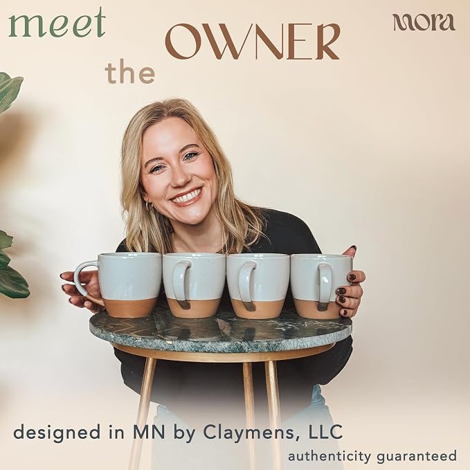 Mora Ceramic Large Latte Mug Set of 4, 16oz - Microwavable, Porcelain Coffee Cups With Big Handle - Modern, Boho, Unique Style For Any Kitchen. Microwave Safe Stoneware - Earl Grey - Image 3