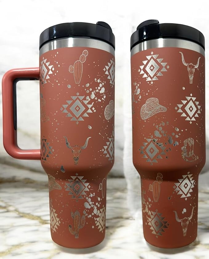 Tumbler, 40oz Tumbler, Western Tumbler, Engraved Cup with Handle, Cute Coffee Mug, 40oz Coffee Mug (Rust(8)-Western(D))