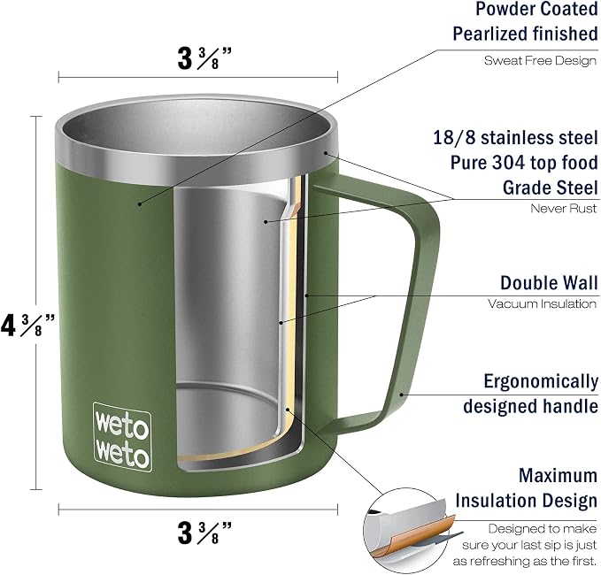 WETOWETO 14 oz Coffee Mug, Vacuum Insulated Camping Mug with Lid, Double Wall Stainless Steel Travel Tumbler Cup, Coffee Mugs Outdoor, Navy Blue & Olive Green 2 Packs - Image 3