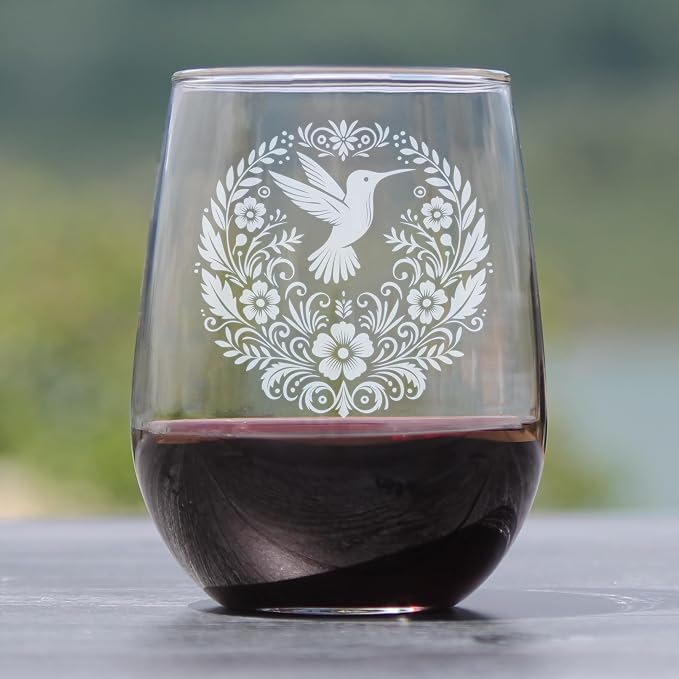 Hummingbird Floral Mandala 17oz Stemless Wine Glass, Hand Engraved Etched Glassware for Her, Nature Lover - Image 2