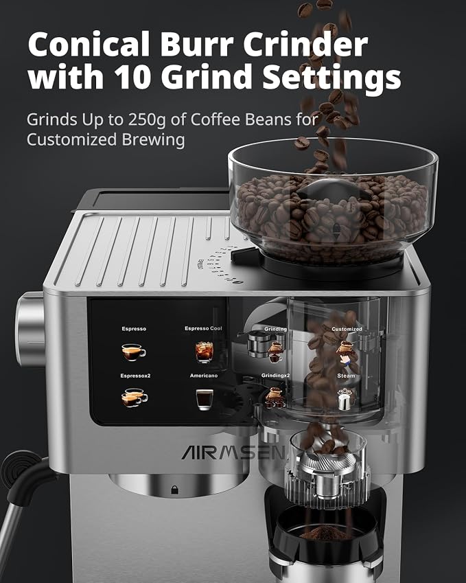 AIRMSEN Espresso Machines with Burr Grinder, 20 Bar, Milk Frother Steam Wand, Stainless Steel Coffee Maker for Home - Cappuccino Latte & ​​Cold Brew​​ Iced Coffee Maker & Americano - Image 3