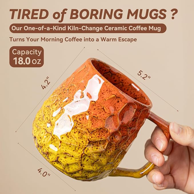 18oz Unique Orange & Yellow Kiln-Change Ceramic Coffee Mug, Handcrafted Hammered Texture Ceramic Mug with Ergonomic Handle, Microwave & Dishwasher Safe, Gift for Coffee Lovers, Home Office Daily Use - Image 3