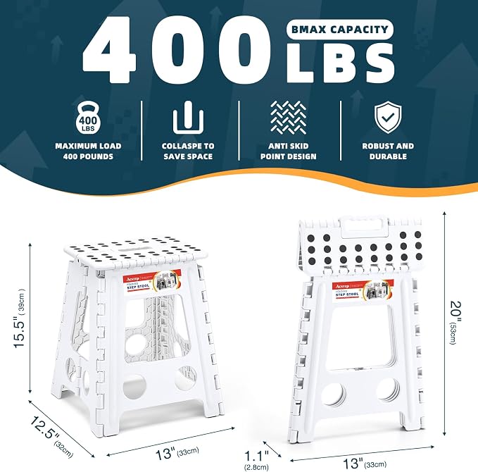ACSTEP 16 Inch Folding Step Stool, Heavy Duty, 400 lbs, White | Lightweight Collapsible Stepping Stool for Adults with Handle, Non-Slip, for Kitchen, Bathroom, Bedroom and Outdoor Use - Image 2