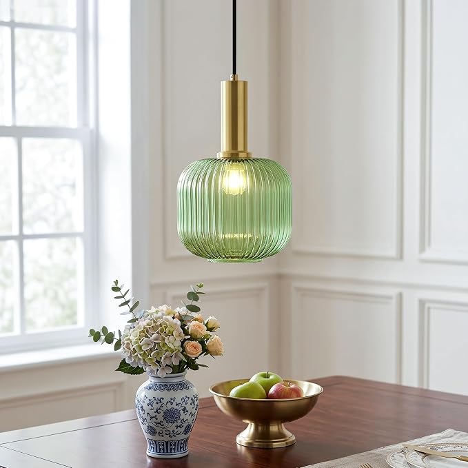KCO Small Brushed Brass Gold 7.9” Vintage Green Ribbed Glass Pendant Light | E26 Base, Mid Century Modern Adjustable Hanging Light Fixture for Sloped Ceiling Kitchen Island Sink Bedroom Dining Hallway - Image 6