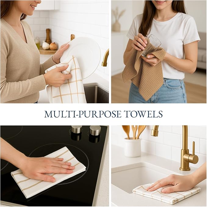 LANE LINEN Kitchen Towels & Dishcloths Set of 12-100% Cotton, Quick-Drying 18” x 28” Absorbent Dish & Tea Towels, Soft Hand Towels for Kitchen - Beige - Image 6