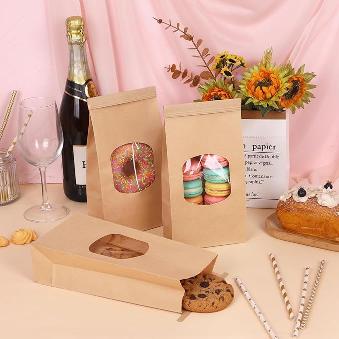 Moretoes 55pcs Medium Bakery Cookie Bags with Seal, 4.6x2.6x9.7In | Brown Kraft Paper Cookie Bags with Window, Seal by Tin Tie Tab, for Cookie Coffee Bread Bagel Bakery Gift Giving Packing - Image 6