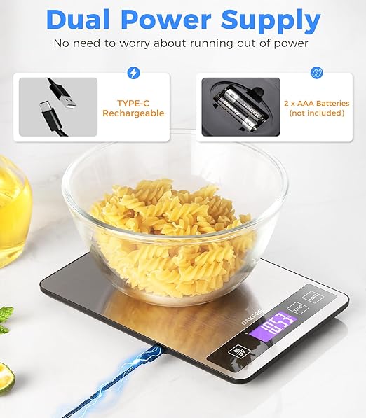 Food Scale, Kitchen Scale, 15kg/33lb, USB Rechargeable & Batteries (Not Inc.), Splash-Resistant Stainless Steel, Full-View LCD Display, Compact & Easy-Clean Design, 6 Units, Tare Function, Grey