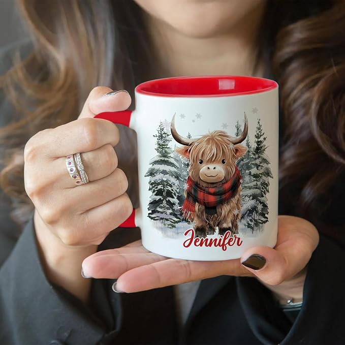 Hyturtle Personalized Winter Highland Cow Coffee Mug for Christmas Birthday | Highland Cow Lovers Gift Ideas for Women Men - 11oz Two Tone Color Red/White Ceramic Tea Mug Cup, Comfort grip handle - Image 7