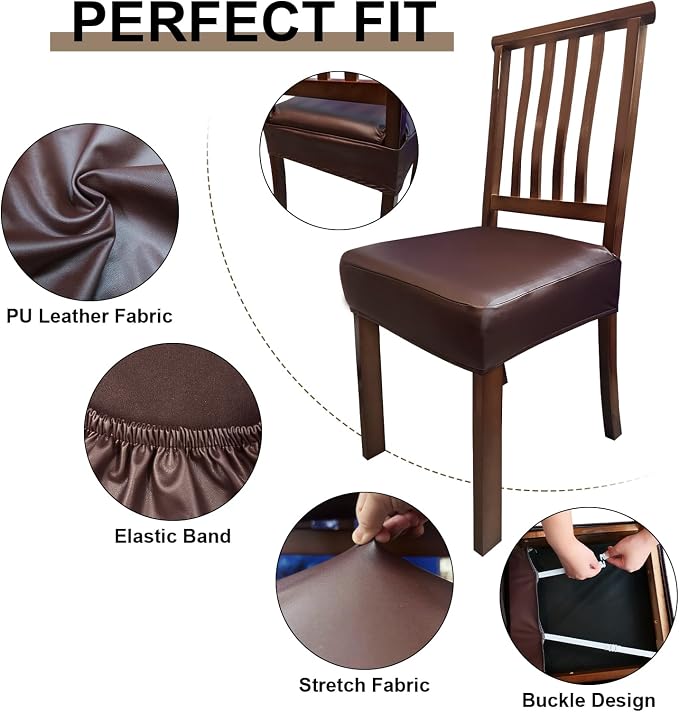 Waterproof Pu Leather Seat Covers for Dining Room Chairs Set of 6,Soft Chairs Seat Slipcovers,Dining Chair Cover Removable Washable Chair Protector Cover Stretch Kitchen Chair Covers - Image 5