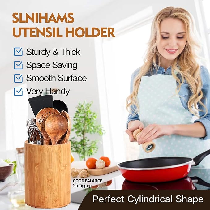 Bamboo Utensil Holder, Large Utensil Holders for Kitchen Counter, Bamboo Spoon and Chopstick Holder for Kitchen Decor, Flatware and Spatula Storage Organizer, for Countertop, Pantry and Bathroom - Image 3
