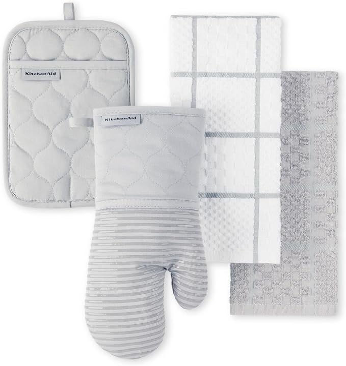 KITCHENAID Quilted Cotton Terry Cloth Oven Mitt, Pot Holder, Kitchen Towel 4-Pack Set, Heat Resistant, Silicone Grip, 16"x26", 7"x13" & 7"x10", Matte Grey by KitchenAid
