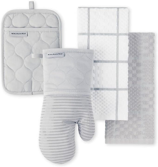 KITCHENAID Quilted Cotton Terry Cloth Oven Mitt, Pot Holder, Kitchen Towel 4-Pack Set, Heat Resistant, Silicone Grip, 16"x26", 7"x13" & 7"x10", Matte Grey by KitchenAid