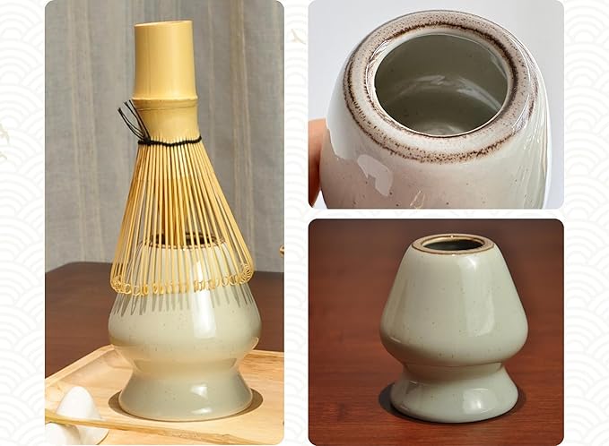 Matcha Whisk Set, Ceramic Matcha Set Includes Matcha Bowl, Matcha Whisk Chasen and Whisk Holder, Sifter, Bamboo Scoop, Scoop Rest and Tea Towel-7 Pcs Matcha Kit for Matcha Lovers, Misty Gray