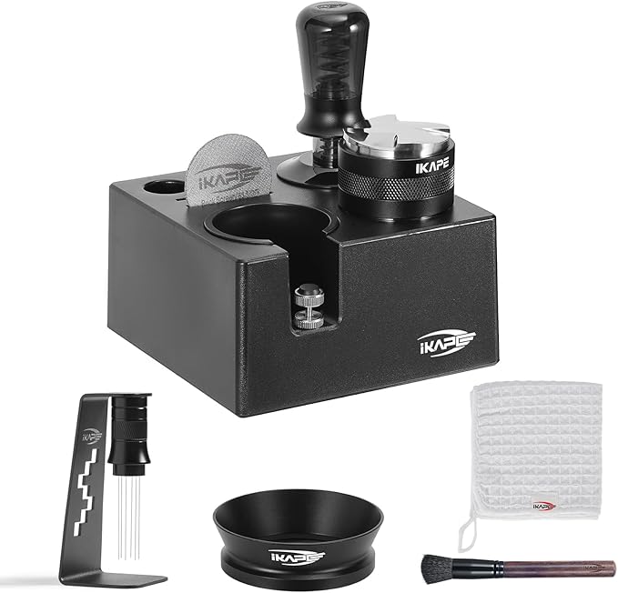 IKAPE 53.3MM Black Espresso Tool Set 8 IN 1, Coffee Tamper, Distributor, Magnetic Funnel, Puck Screen, Tamper Station, Stirrer Distribution Tool, Cleaning Towel and Brush