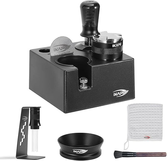 IKAPE 53.3MM Black Espresso Tool Set 8 IN 1, Coffee Tamper, Distributor, Magnetic Funnel, Puck Screen, Tamper Station, Stirrer Distribution Tool, Cleaning Towel and Brush
