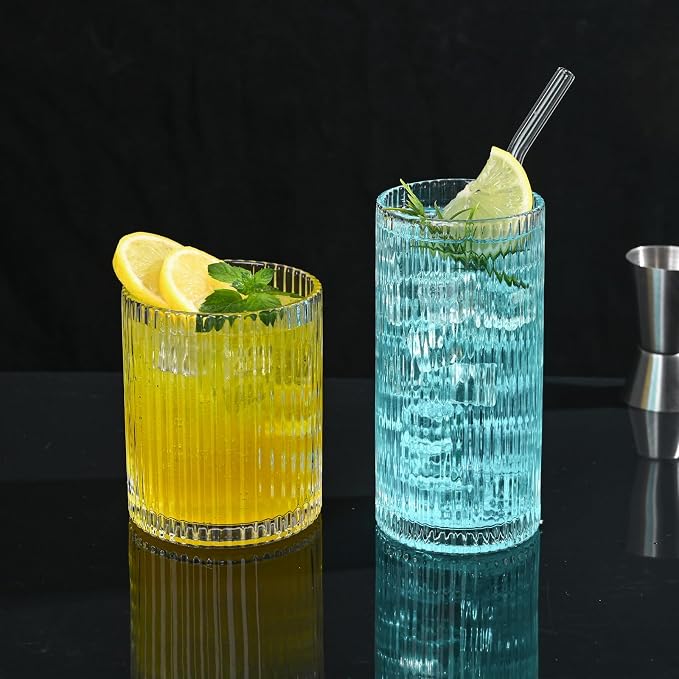 Set of 8 Vintage Ribbed Glassware,4 Highball Glasses 12 oz,4 Rocks Drinking Glasses 14 oz,Ribbed Cocktail Glass Cup,Drinking Glass Set,Used for Whiskey,Juice,Smoothies,Mixed Drinkware - Image 6
