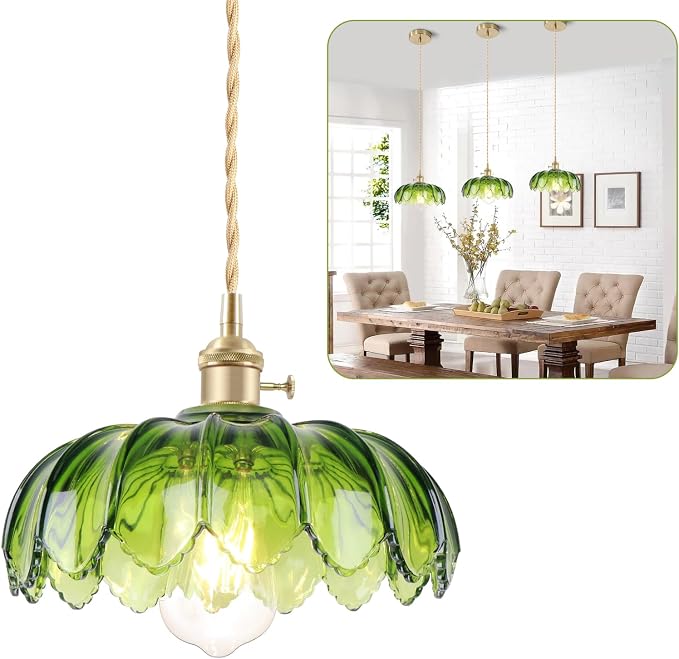 Vintage Pendant Light Green Mid Century Modern Pendant Light with Hand Blown Glass Shade Nordic Style 10" Gold1-Light Farmhouse Chandelier Ceiling Hanging Light fixtures for Dining Room Bedroom - Image 4