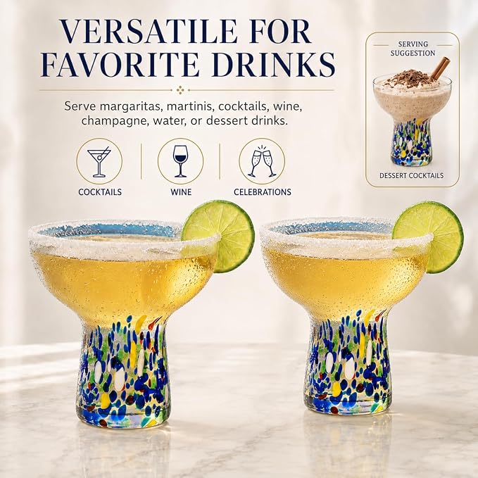 Large Stemless Hand Blown Confetti Margarita Glasses - 14 oz - Set of 2 | Colorful Artisan Glassware, Perfect for Margaritas, Martinis, Wine, Cocktails & Champagne, Great for Cinco de Mayo & Parties - Image 7