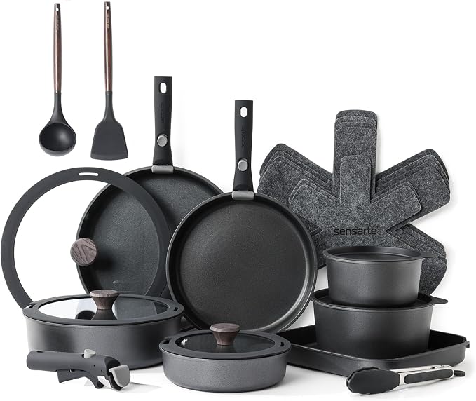 SENSARTE 24 Piece Nonstick Detachable Handle Pots and Pans Set Black | Removable Handle Cookware Set, Induction Cookware Set with Removable Handle, Healthy Non Stick for RV, Dishwasher ＆ Oven Safe by SENSARTE