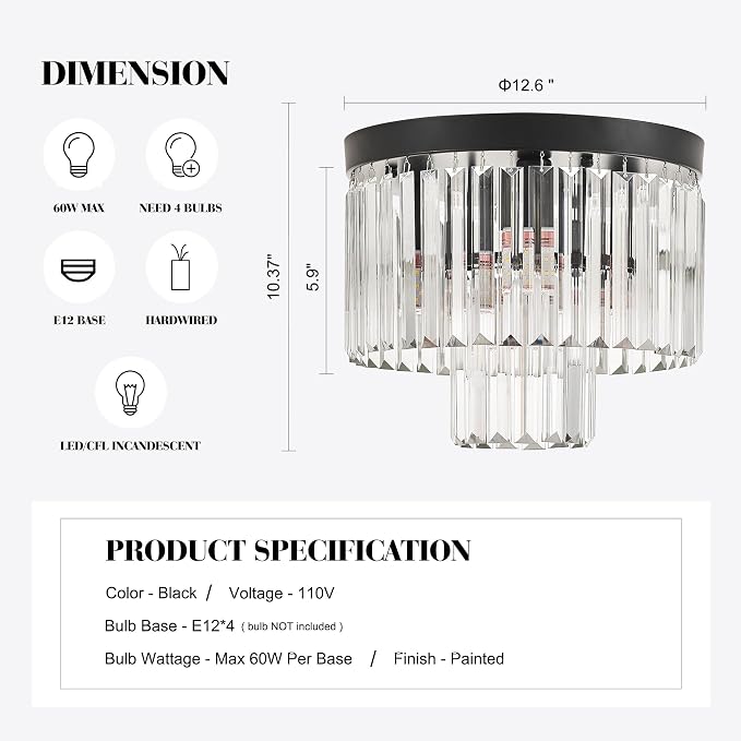 12.6" Black Crystal Ceiling Light 4-Light Modern Fixture 2-Tier Luxury K9 Crystal, for Dining Room Kitchen Island Living Room Bedroom - Image 2