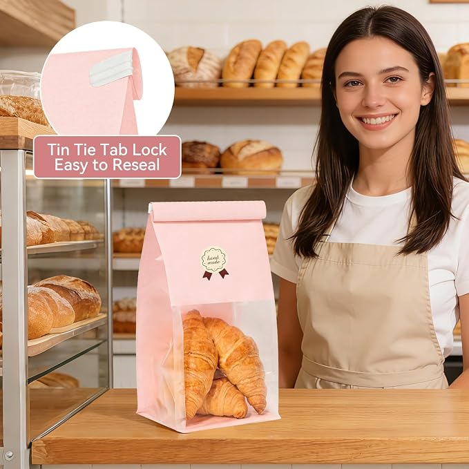 100 Bakery Bags with Window, 5.1x3.9x11 Inches Paper Bread Bags, Tin Tie Tab Lock Cookie Bags Food Storage Bag for Snacks, Popcorn, Candies, 120 pcs Stickers Included (100, Medium) - Image 6