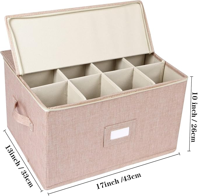 Wine Glass Storage Box, Stemware Storage Containers Cases with Dividers | Glassware Storage Containers Holds 24 Red or White Wine Glasses, Hard Top and Sides (2 Pack Beige) - Image 4