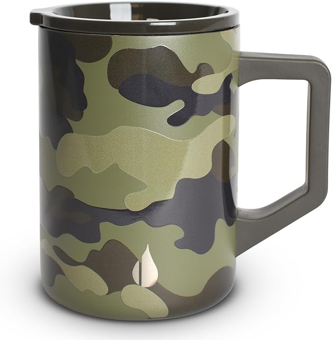 Elemental Insulated Coffee Mug - Triple-Wall Stainless Steel Summit Travel Cup for Hot and Cold Drinks - Thermal Coffee Mug with Lid and Handle for Camping, Office & Travel 16oz - Dark Green Camo by Elemental