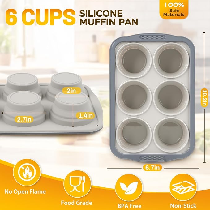 Silicone Muffin Pan, 6 Cups Non-Stick Cupcake Pan, Food-Grade BPA-Free Muffin Tin, Oven-Safe 450 °F, Reinforced Steel Frame, Easy-Grab Handles, Quick-Release 2.7" Baking Molds for Mini Treats - Image 2