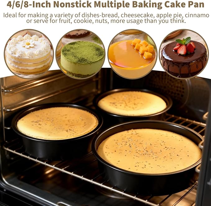 3-Piece Round Cake Pans Set (4", 6", 8"), Heavy-Duty Carbon Steel Baking Pan Set for Layer Cakes and Deep Dish Pizzas, Non-Stick Professional Tiered Cake Molds, Straight Side & Dishwasher Safe, Grey - Image 3