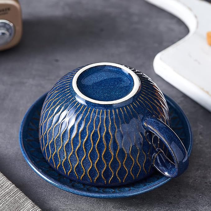 Coffeezone Vintage Design 12 oz Ceramic Latte Art Cappuccino Barista Cup with Saucer (Embossed Blue) - Image 5
