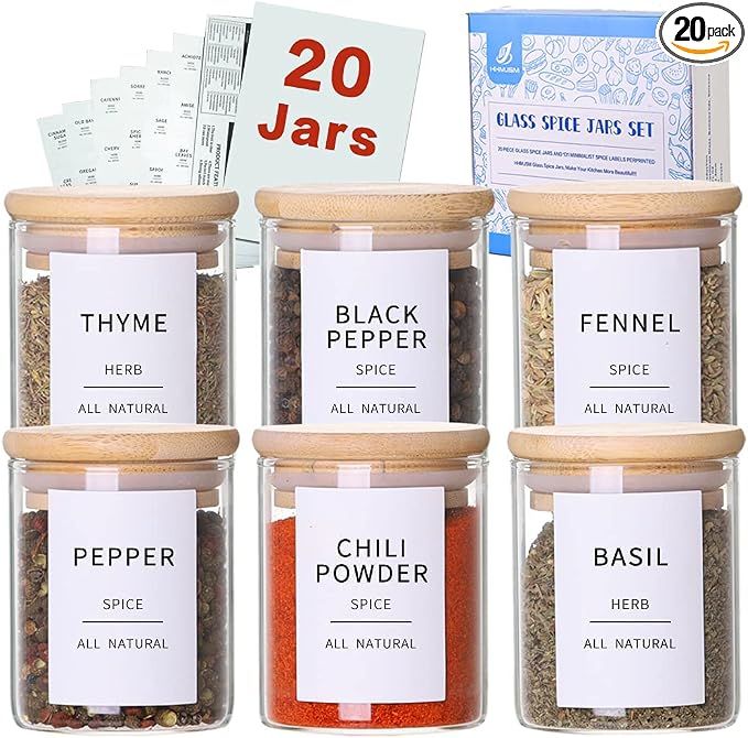 Glass Spice Jars with Bamboo Lids - 20 Pcs Thicken(2.4mm) 4oz Airtight Seasoning Containers with 131 Waterproof Minimalist Spice labels Preprinted - Small herb Jars for Pantry Organization and Storage by HHMJSM