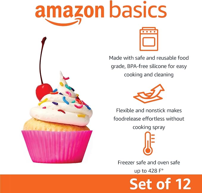 Amazon Basics Reusable Non-Stick Silicone Baking Cups, BPA Free, Muffin Liners, Dishwasher Safe, Microwave and Oven Safe, 2.9 x 2.9 x 1.3 in (LxWxH), Multicolor, 12-Pack - Image 2