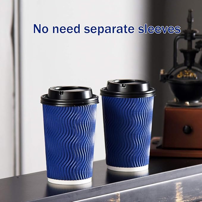 Kindpack Disposable Coffee Cups with Lids and Straws 12 oz (90 Set) - Hot Paper Coffee Togo Cup with Lid To Go for Hot/Cold Beverages Espresso Tea Water Insulated Reusable Durable Drinks Ripple Cups
