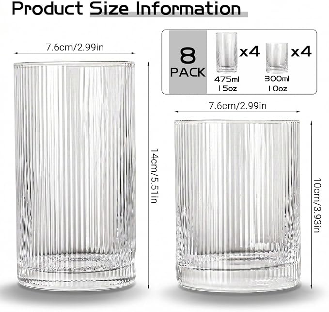 JOVGANK Drinking Glasses Set of 8 – Lead-Free Crystal Glassware, 4 Tall 15oz & 4 Short 10oz Vintage Ribbed Tumbler Glasses, Dishwasher Safe, for Juice Beer Cocktails, Great Housewarming Gift, Set A - Image 2