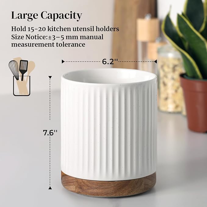 DOWAN 360° Rotating Extra Large Cooking Utensil Holder, 7.6" Kitchen Utensil Holder for Countertop, Utensil Crock for Farmhouse Kitchen Decor, Ceramic Stable Utensil Caddy, White Stripes - Image 2