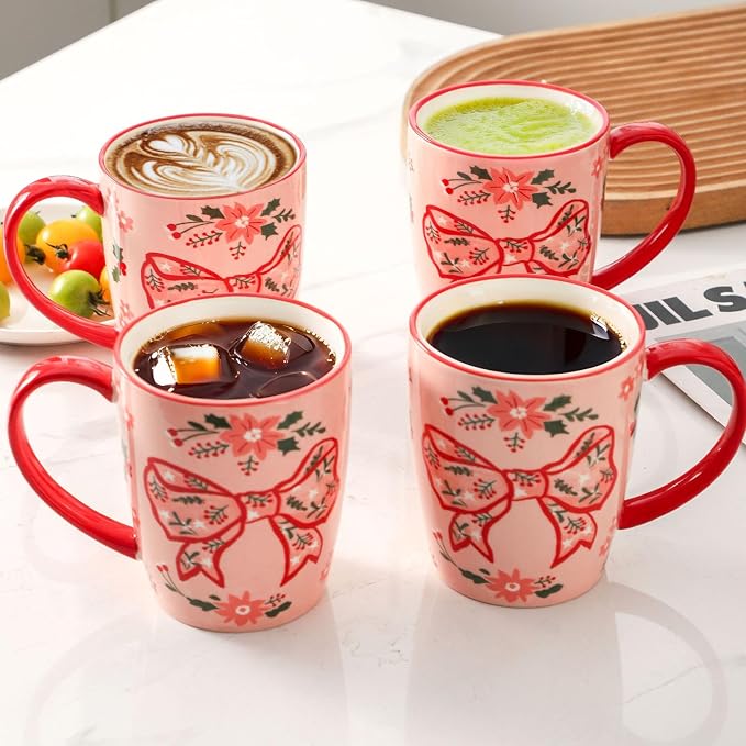 HASENSE Coffee Mugs Set of 4,16oz Ceramic Cups with Handle for Kitchen,Pink Bow Valentine's Day Latte Mugs for Hot Cocoa,Tea,Milk & Latte,Large Festive Stylish Mug Gift,Microwave and Dishwasher Safe - Image 4