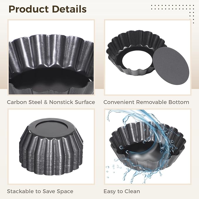 16 PCS Mini Removable Bottom Tart Pans, 3 in Nonstick Carbon Steel Fluted Cake Molds, Flower Shape Mini Pie Pans for Tarts, Pudding, Brownies, Mini Quiche, Baking Cups, Easy Release - Image 5
