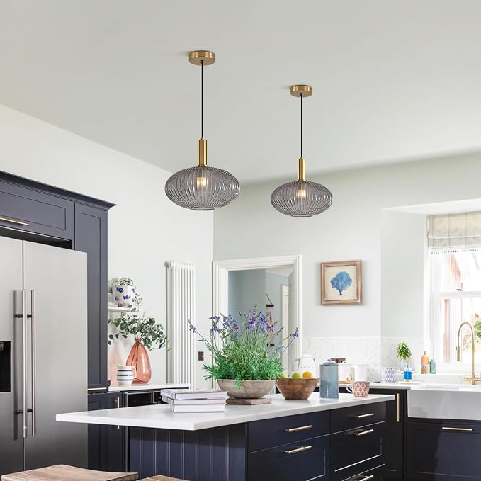 KCO Vintage Gold Brass 11.8” Large Smoke Gray Ribbed Glass Pendant Light | E26 Base, Oval Lantern Shade, Mid Century Modern Adjustable Hanging Lamp for Kitchen Island Dining Room Entryway Bedroom Bar - Image 4