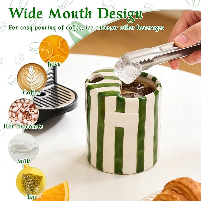 Ceramic Coffee Mug with Sip Hole 10oz Cute Espresso Cup | Unique Hand-Drawn Green and White Striped Design, Microwave and Dishwasher Safe, for Kitchen Dining, Office, Holiday Gift - Image 5