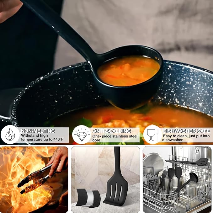 Silicone Kitchen Utensils Set, Umite Chef 22Pcs Cooking Utensils Spatula Set, Heat Resistant Non-Stick Silicone, Dishwasher Safe Cooking Gadgets Tools Set(Black) - Image 4