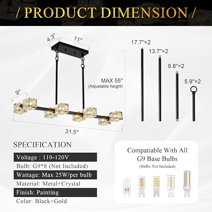 Black Gold Crystal Chandelier Modern 8-Light Sputnik Ceiling Pendant Lights L 31.5" Industrial Adjustable Hanging Light Fixture for Dining Room Kitchen Island Living Room Bar Over Table - Image 3