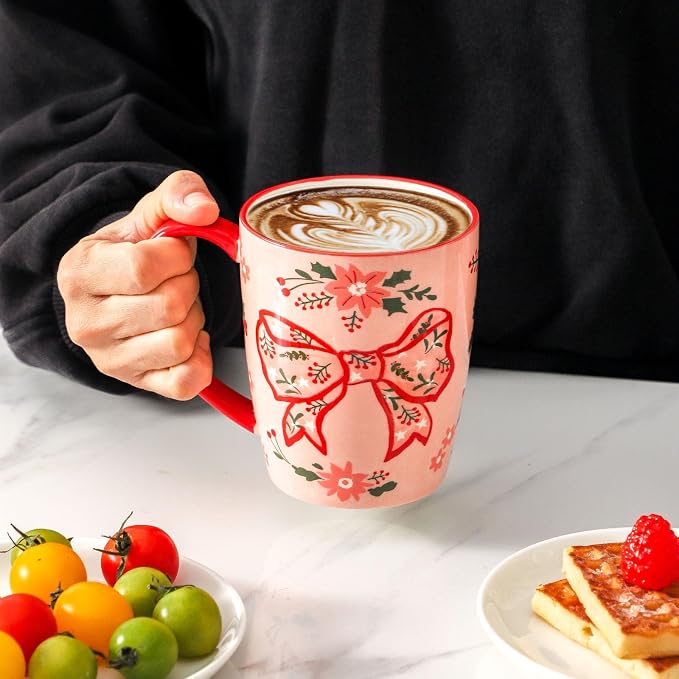 HASENSE Coffee Mugs Set of 4,16oz Ceramic Cups with Handle for Kitchen,Pink Bow Valentine's Day Latte Mugs for Hot Cocoa,Tea,Milk & Latte,Large Festive Stylish Mug Gift,Microwave and Dishwasher Safe - Image 7