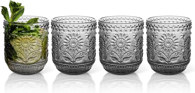 Topsky Vintage Drinking Glass Set of 4,12 oz Embossed Floral Drinkware Set,Gray Drinking Glasses Cups Wine Glasses Colored Glassware for Whisky,Beer,Juice,Cocktail,Heavy Duty by HomeandKitchenNO1